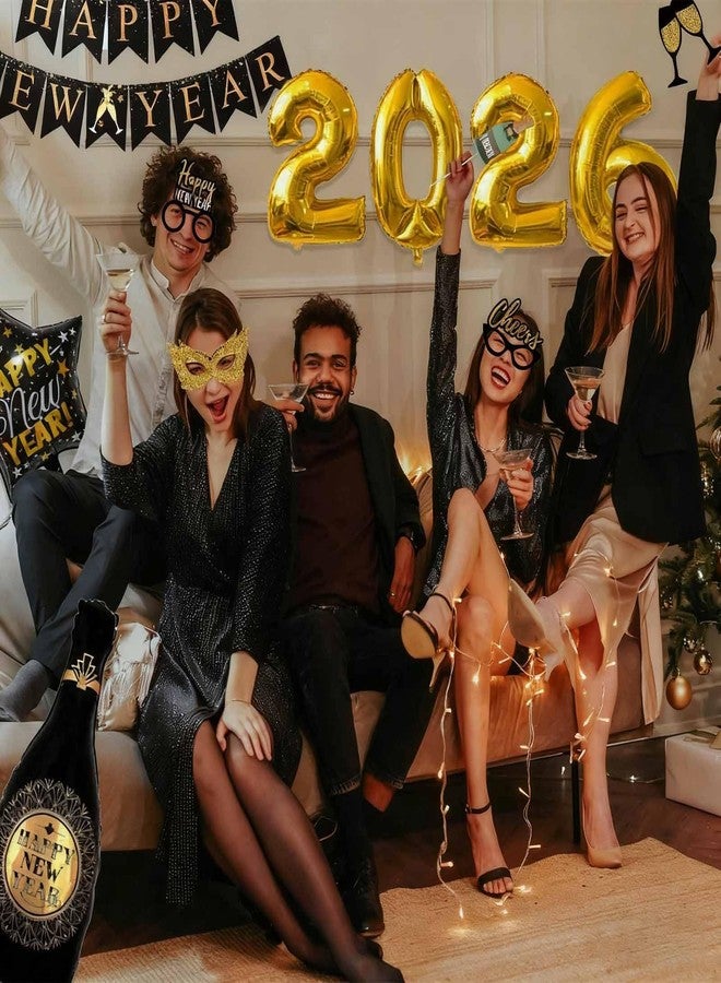 WEIKA Happy New Year Party Decoration 2026 - New Years Eve Party Supplies 2026 Foil Balloon, Happy New Year Banner, New Years Photo Props, Gold Black Bunting Swirl Streamers, Pom Poms New Years Décor - Image 4
